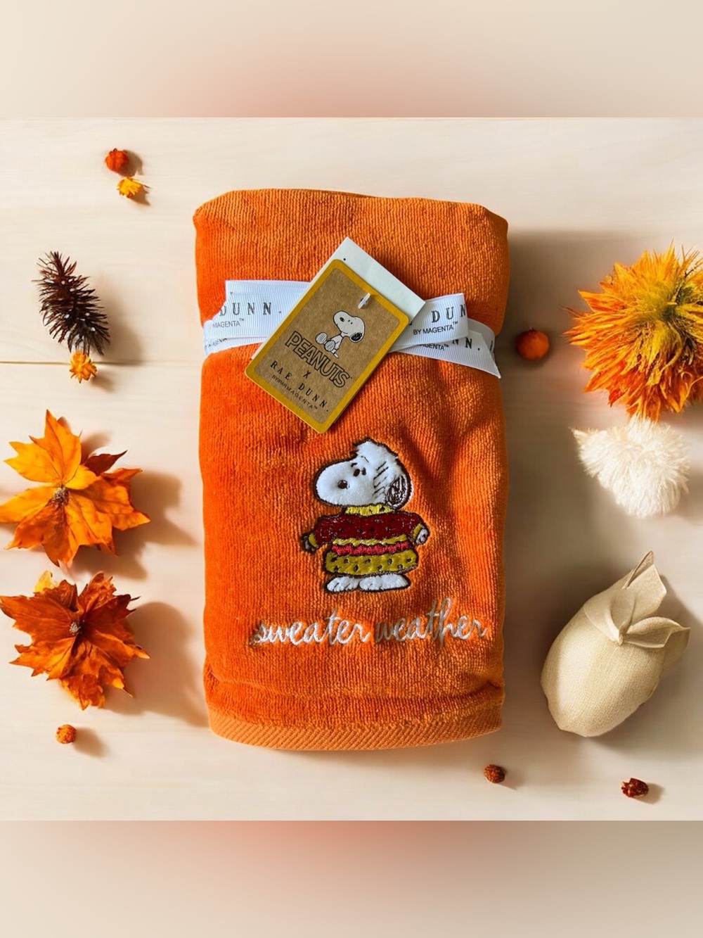 Rae Dunn Peanuts Snoopy Sweater Weather Fall Hand Towels 16” x 30” Set of 2 NWT